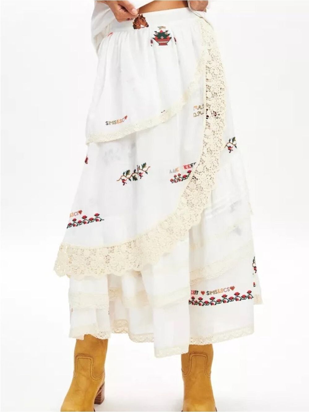 NWT UO Kimchi Blue White Embroidered Tiered Lace Wrap Skirt L Boho Western L